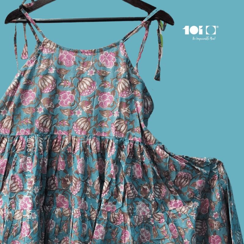 Elegant Teal Paisley Flared Cotton Frock - Image 3