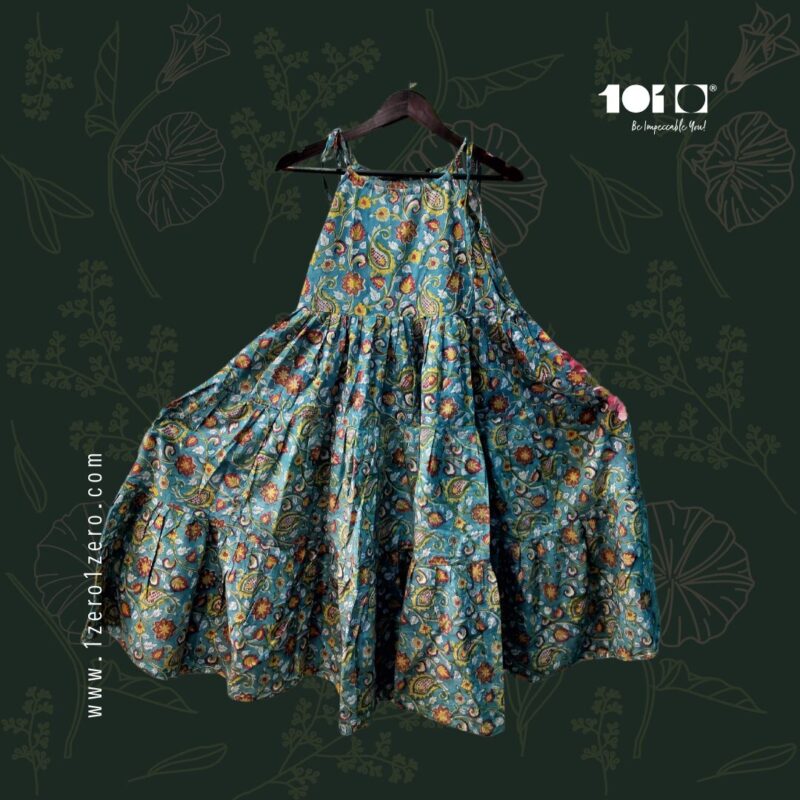 Elegant Teal Paisley Flared Cotton Frock