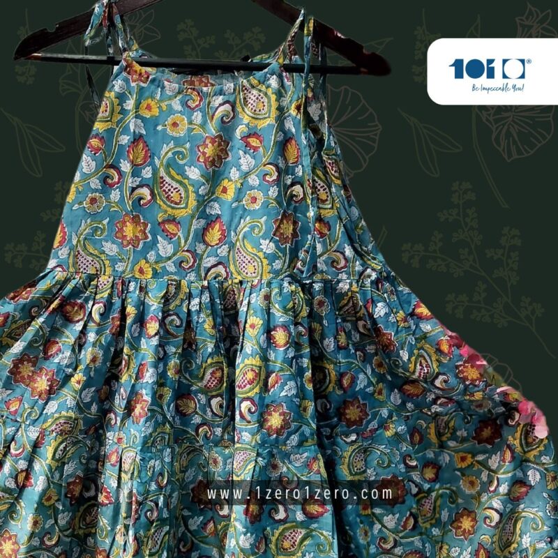 Elegant Teal Paisley Flared Cotton Frock - Image 2