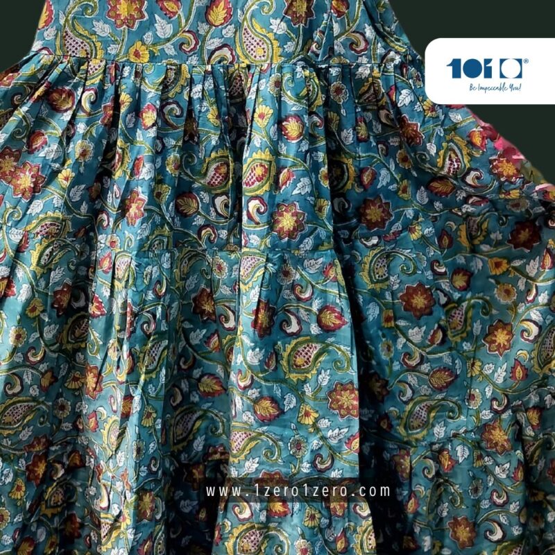 Elegant Teal Paisley Flared Cotton Frock - Image 3