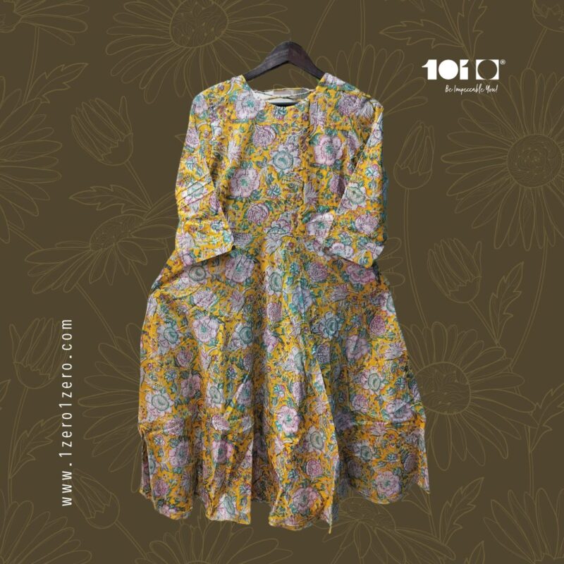 Elegant yellow Paisley Flared Cotton Frock