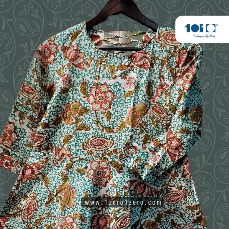 Elegant Teal Paisley Cotton Frock - Image 4