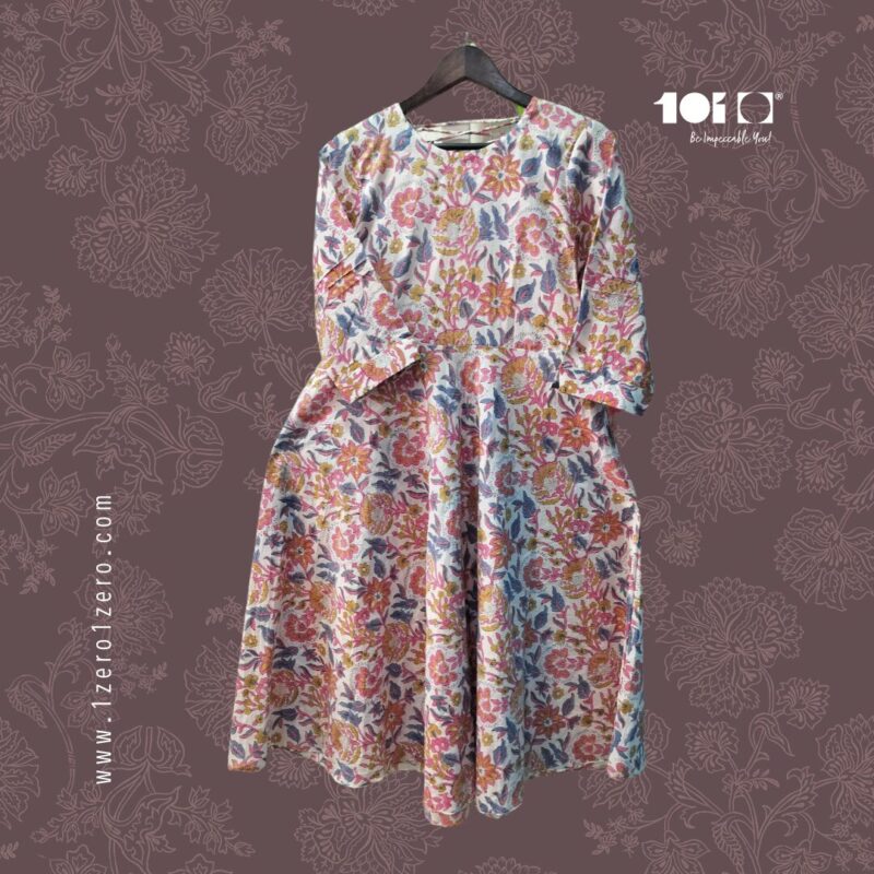 Elegant White Paisley Flared Cotton Frock