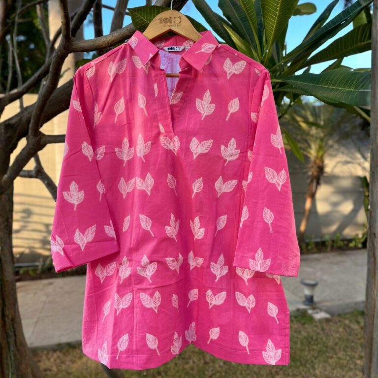 Leaf Print Pink Cotton Kurta