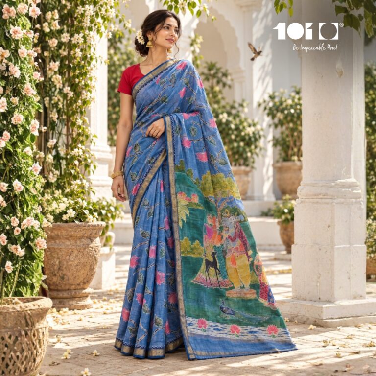Radha Krishna Motif Maheshwari silk saree